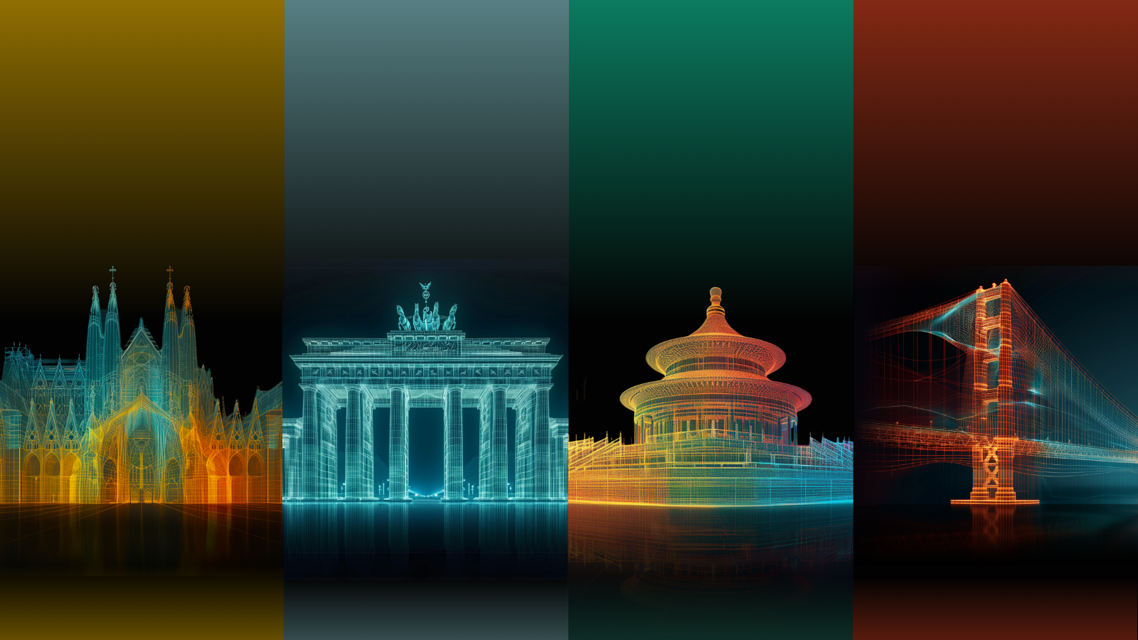 Composite image of four colorful, stylized landmarks: Brandenburg Gate, St. Peter's Basilica, Tiananmen, and Golden Gate Brid