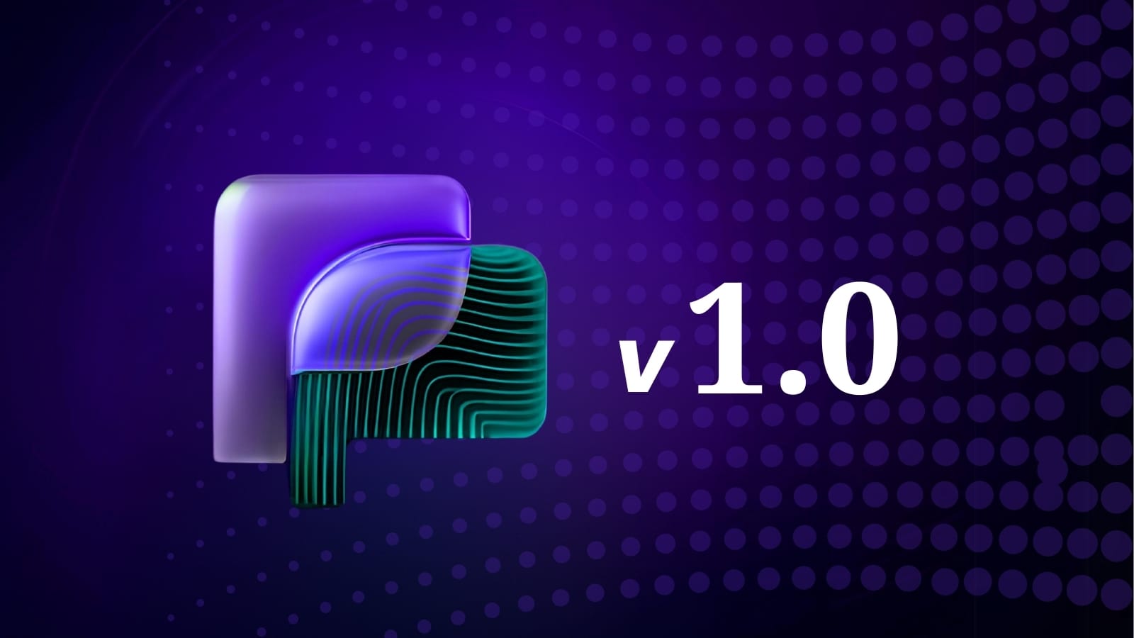 Logo with gradient blue-purple background, wave pattern, "v1.0" text, and abstract multicolored shapes at the forefront.