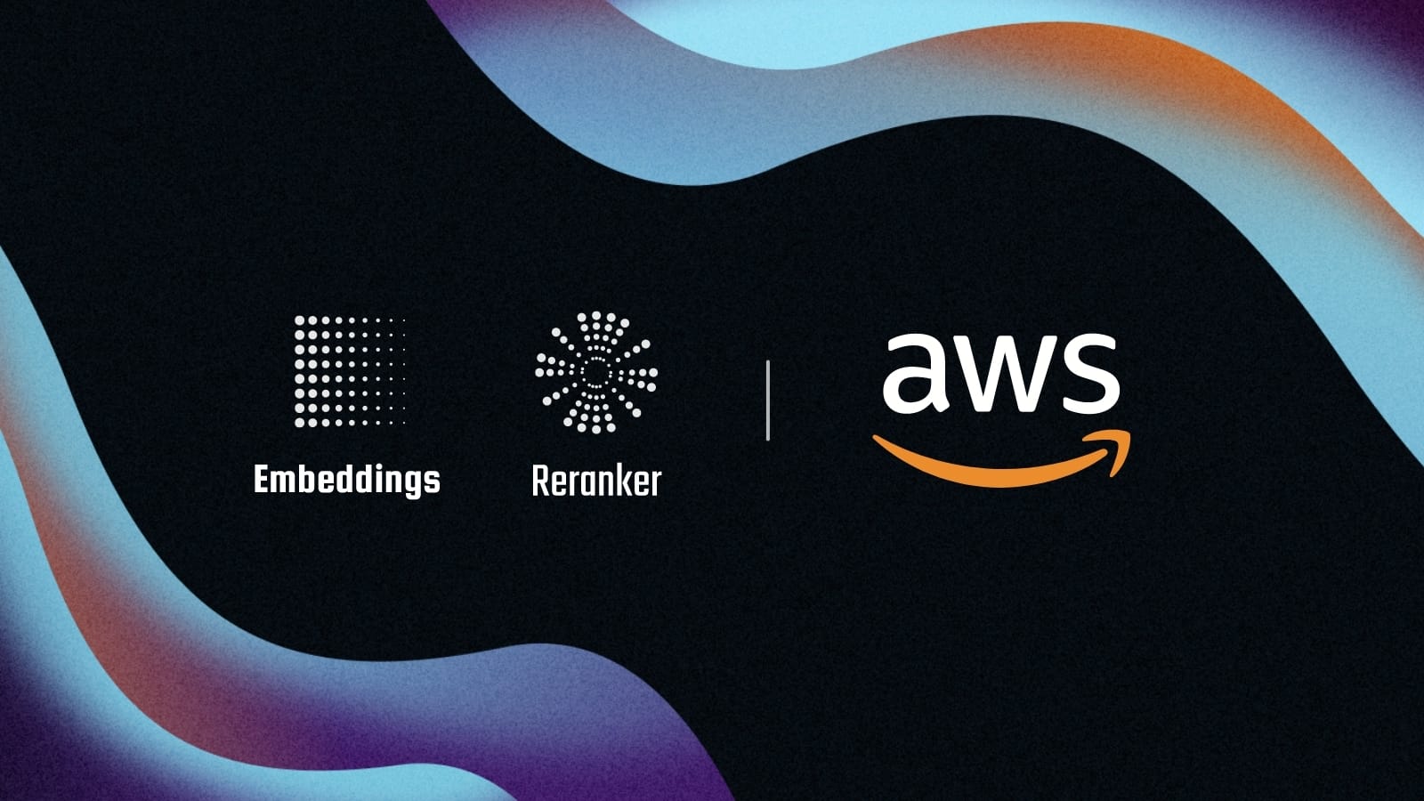Abstract image with colorful wavy background featuring AWS, Embeddings, and Reranker logos.