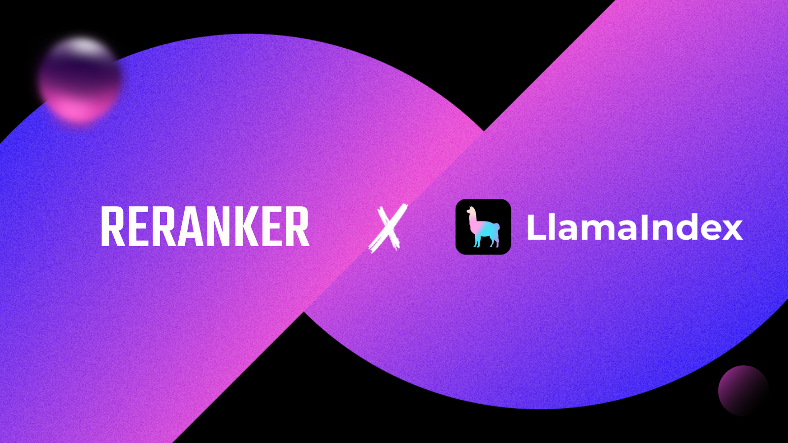 Collaborative graphic with "RERANKER" and "Llamalindex" logos over a purple background with crossed white abstract lines.