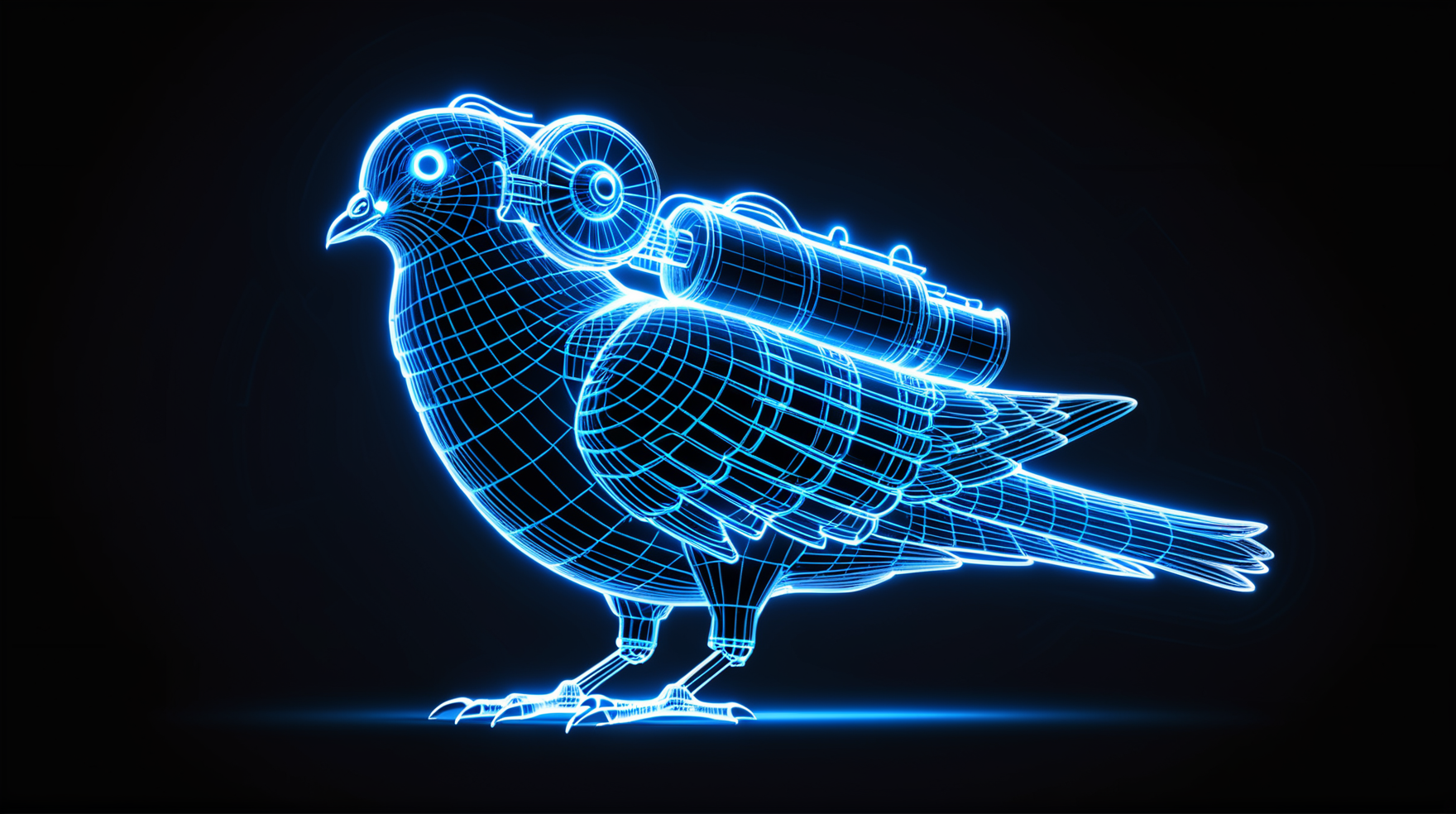 Glowing wireframe bird with mechanical wings and a camera on its back, positioned against a stark black backdrop.