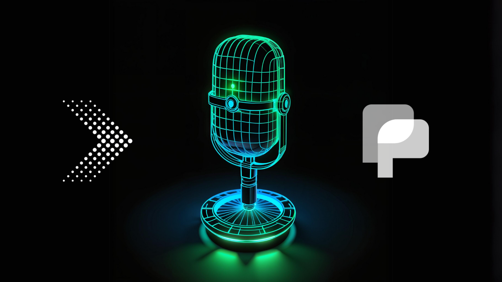 Neon-lit 3D microphone on black background with a white 'P' and arrow pointing right, amidst a green and blue glow.