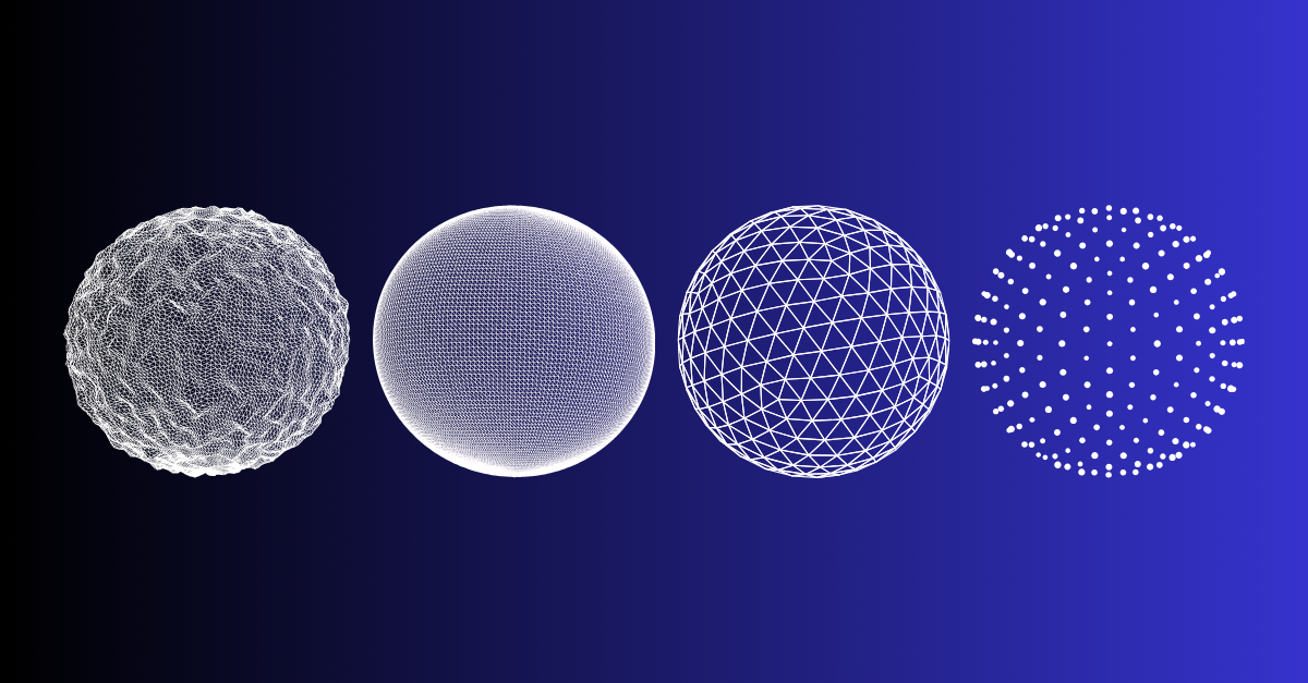 Four interconnected white wireframe spheres on a deep blue background, symbolizing global networking and technological connec