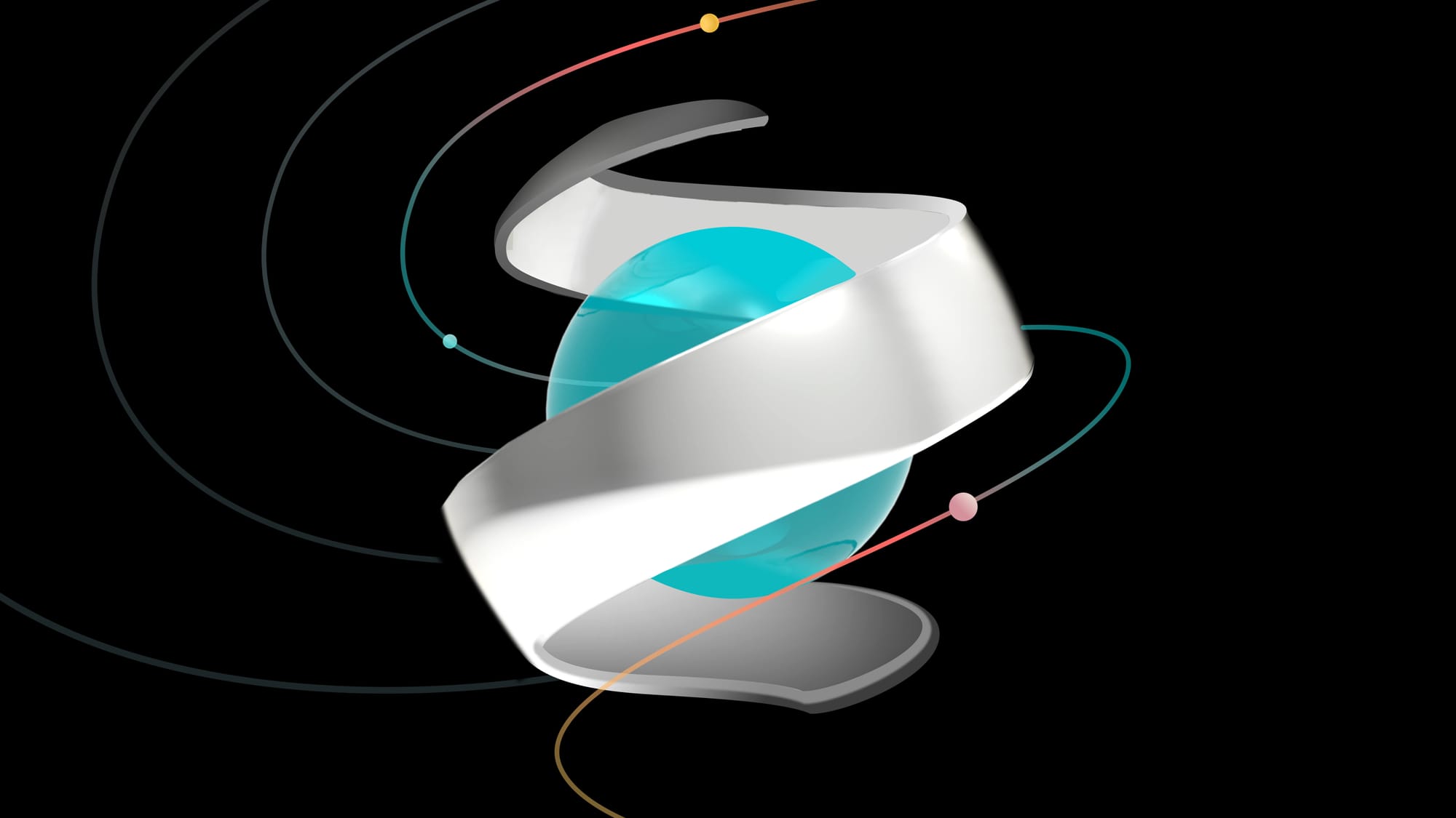 Artistic 3D illustration of a white spiral with a blue core, surrounded by red and pink orbits on a black background.