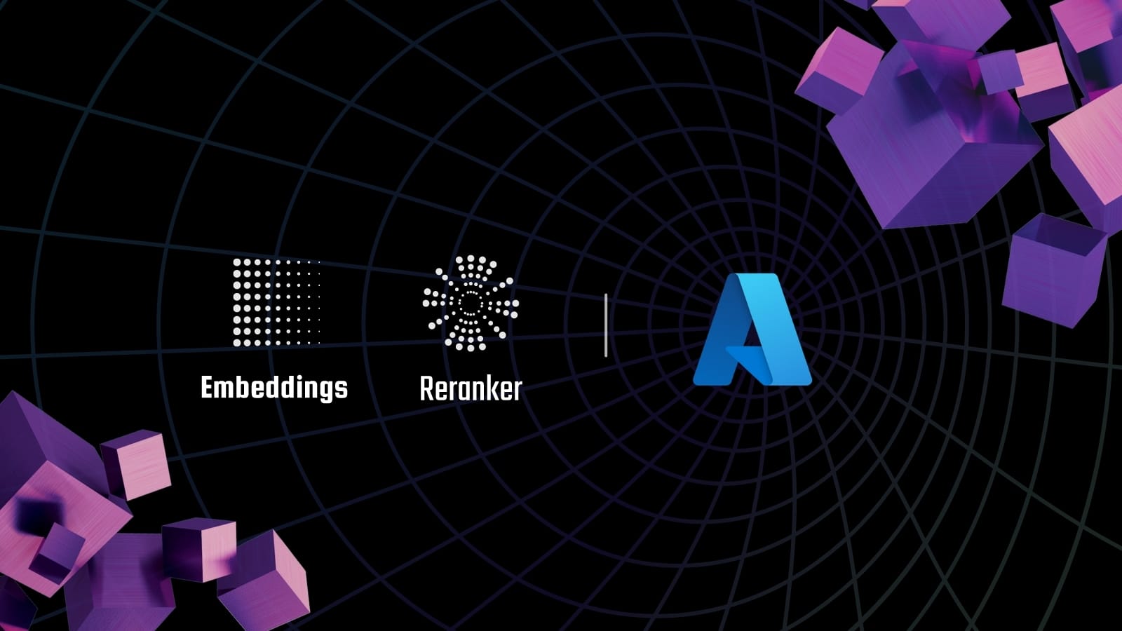 Futuristic black background with a purple 3D grid, featuring the "Embeddings" and "Reranker" logos with a stylized "A".