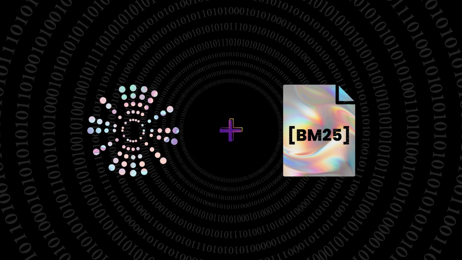 Black background embellished with binary code, featuring a central tech-inspired emblem with multicolored dots, BM25 tag, con