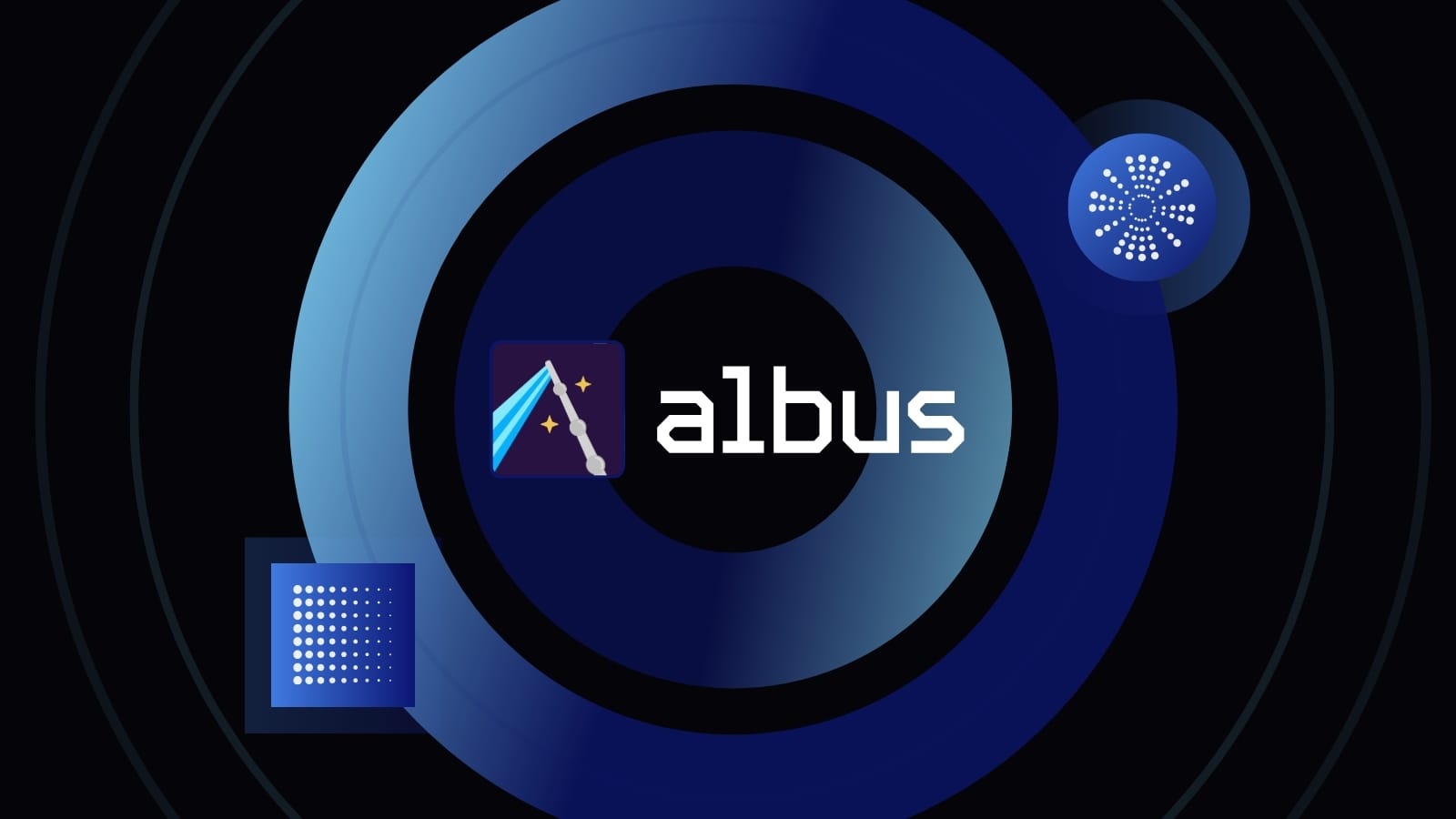 Albus logo in white on a dark blue background, surrounded by abstract blue shapes and symbols.