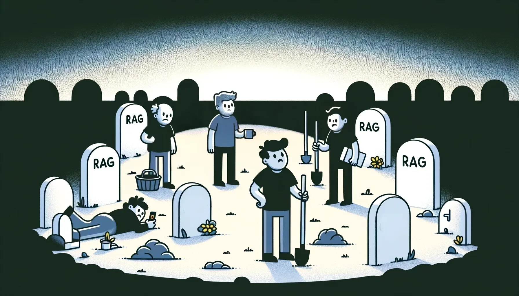 Cartoon of four characters in a cemetery with graves marked "RAG," mixing somber themes with humorous actions.