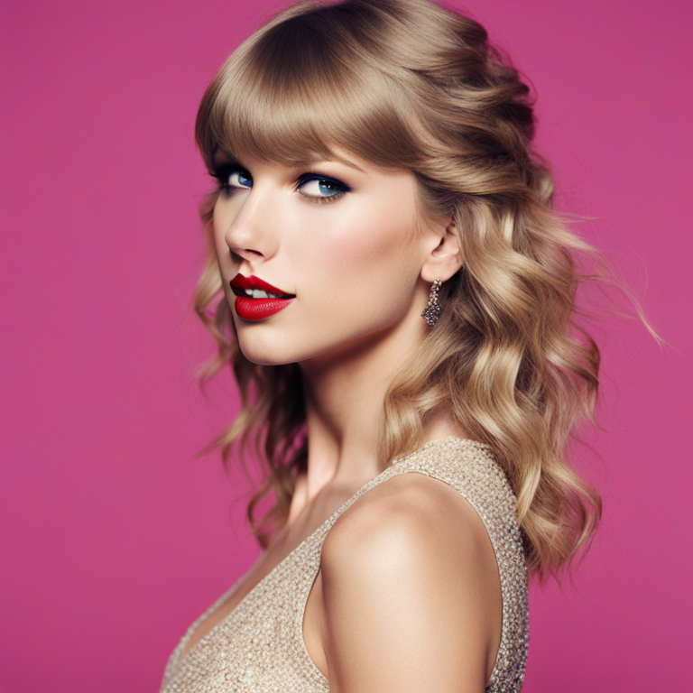 Portrait of Taylor Swift with red lipstick, blondish-brown hair, wearing a dress against a pink background.
