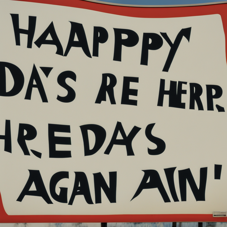 Playful sign with the phrase "Happy Days Are Here Again" painted in a unique and stylized manner.