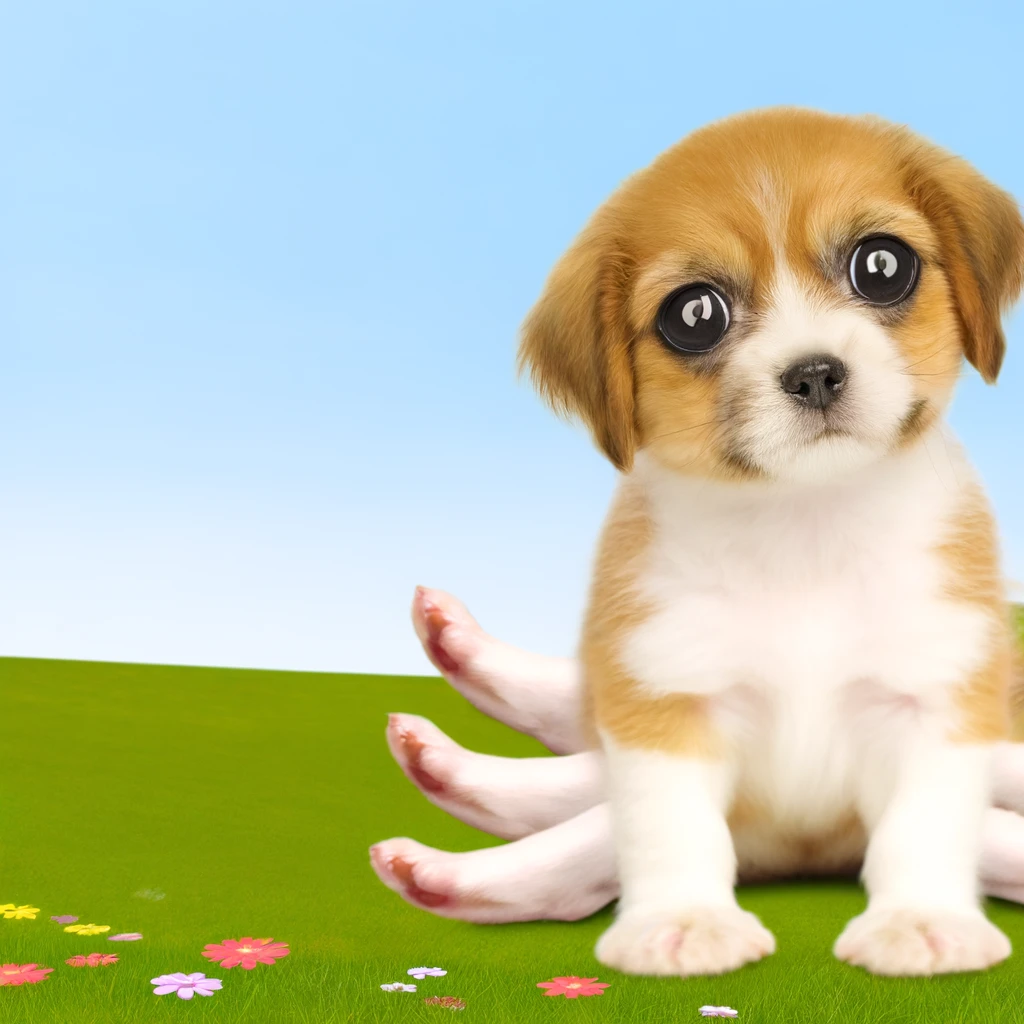 Cute brown and white puppy sitting on a grassy hill with colorful flowers, one paw raised, under a clear blue sky.
