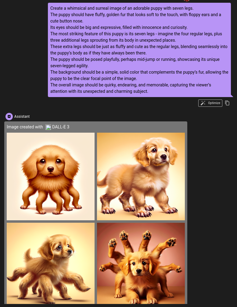 Illustration showing four whimsical brown puppies with various poses alongside detailed instructions for creating a surreal s