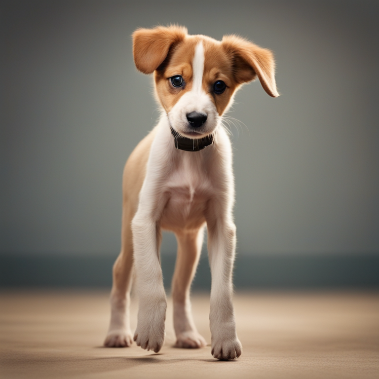 Small puppy with floppy ears and a black collar standing on a brown surface, looking at the camera against a gradient gray-bl