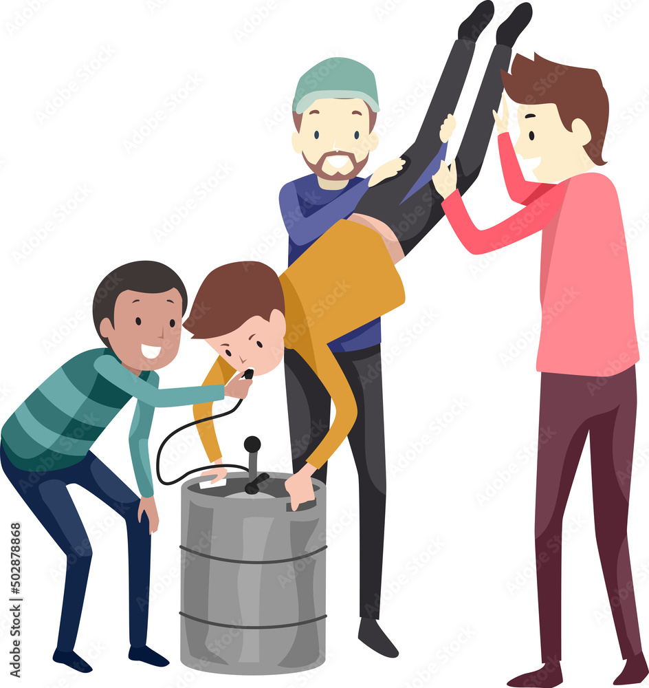 Joyful illustration of men around a barrel with another man playfully inside, indicating humor and fun.