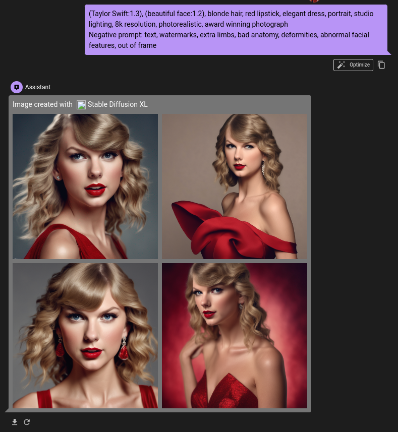 Edited collage of Taylor Swift with multiple effects via a photo editor, highlighting options like Optimize and Assistant.