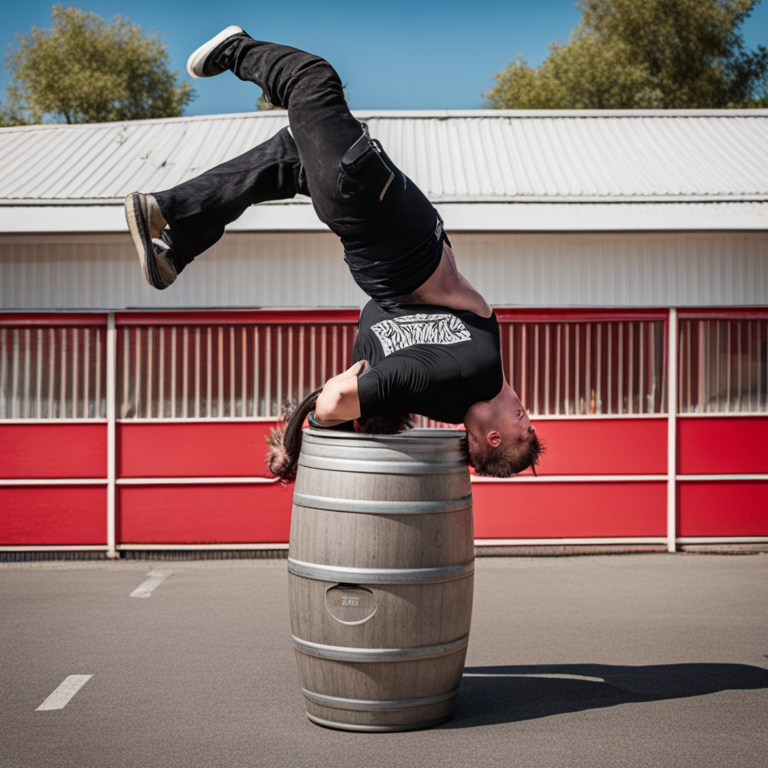 Man performing a handstand on a wooden barrel outdoors, dressed in black, with a red and white building and a clear sky in th