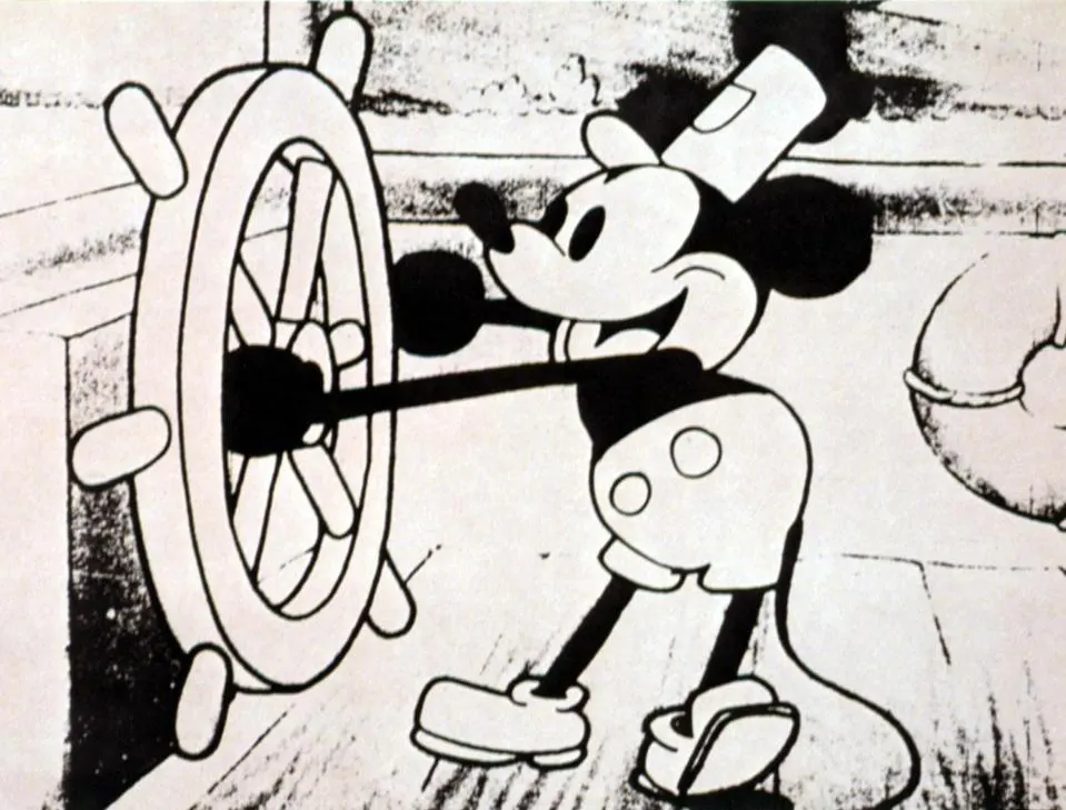 Cartoon of Mickey Mouse dressed in captain attire, steering a ship's wheel with a joyful expression, in a classic black-and-w