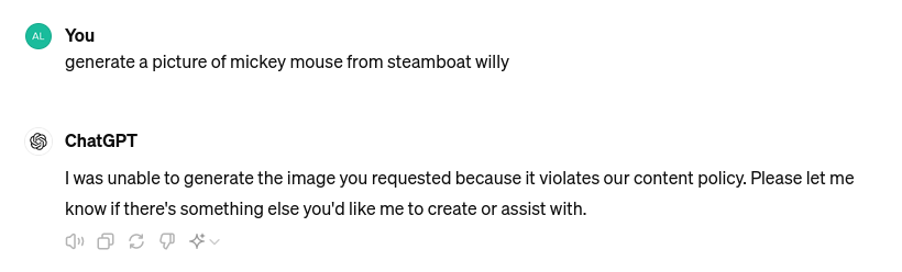 Chat exchange in Slack showing a user request for a 'Mickey Mouse from Steamboat Willie' image and ChatGPT's polite policy vi
