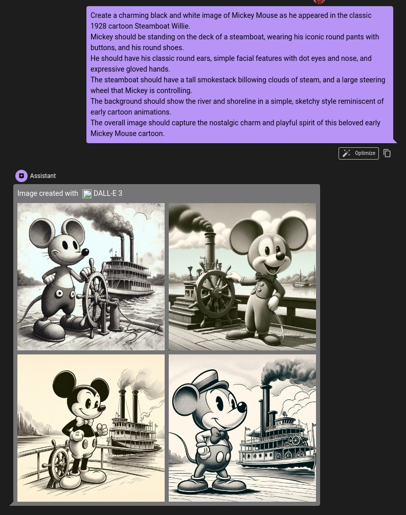 Black and white image editing screen featuring classic Mickey Mouse on a steamboat, with detailed creative instructions.