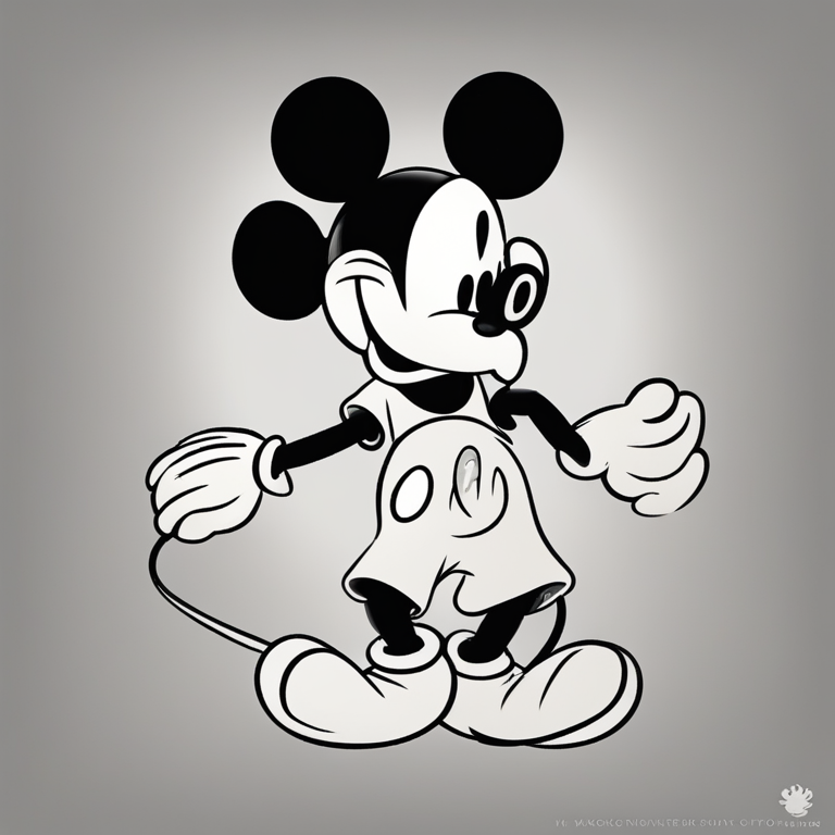 Black and white illustration of Mickey Mouse gesturing in a playful stance.