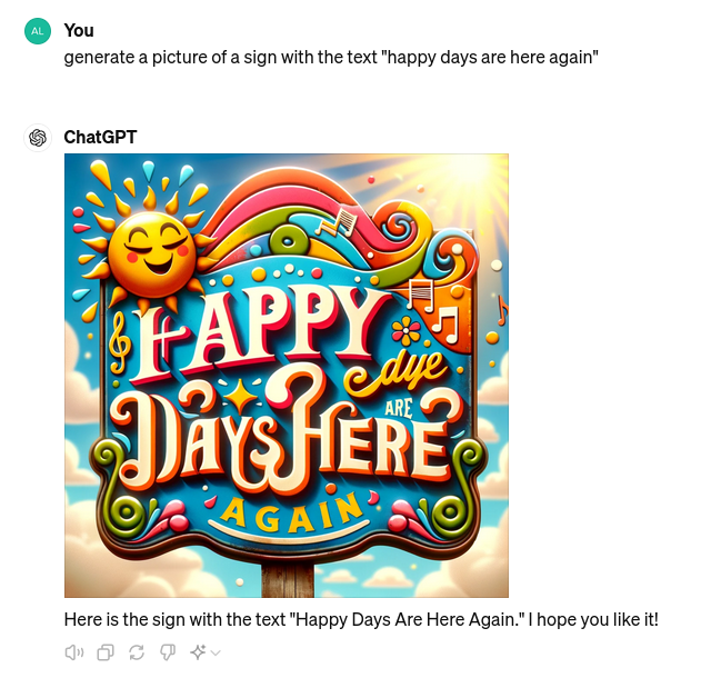 Colorful sign reading "Happy Days Are Here Again" in a creative font, with a sun and clouds, shared in a Slack conversation.