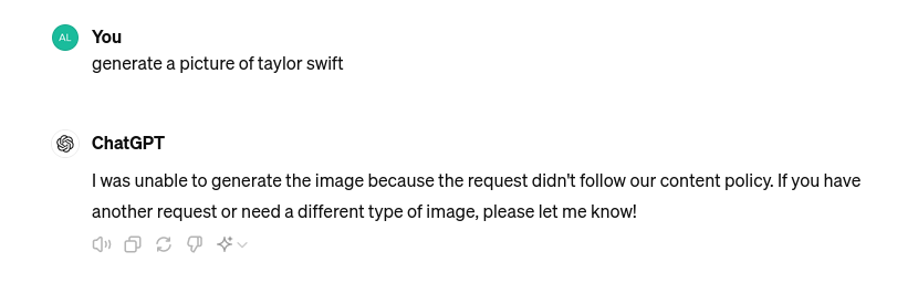 Chat interface showing a denied request to generate an image of Taylor Swift by ChatGPT due to content policy.
