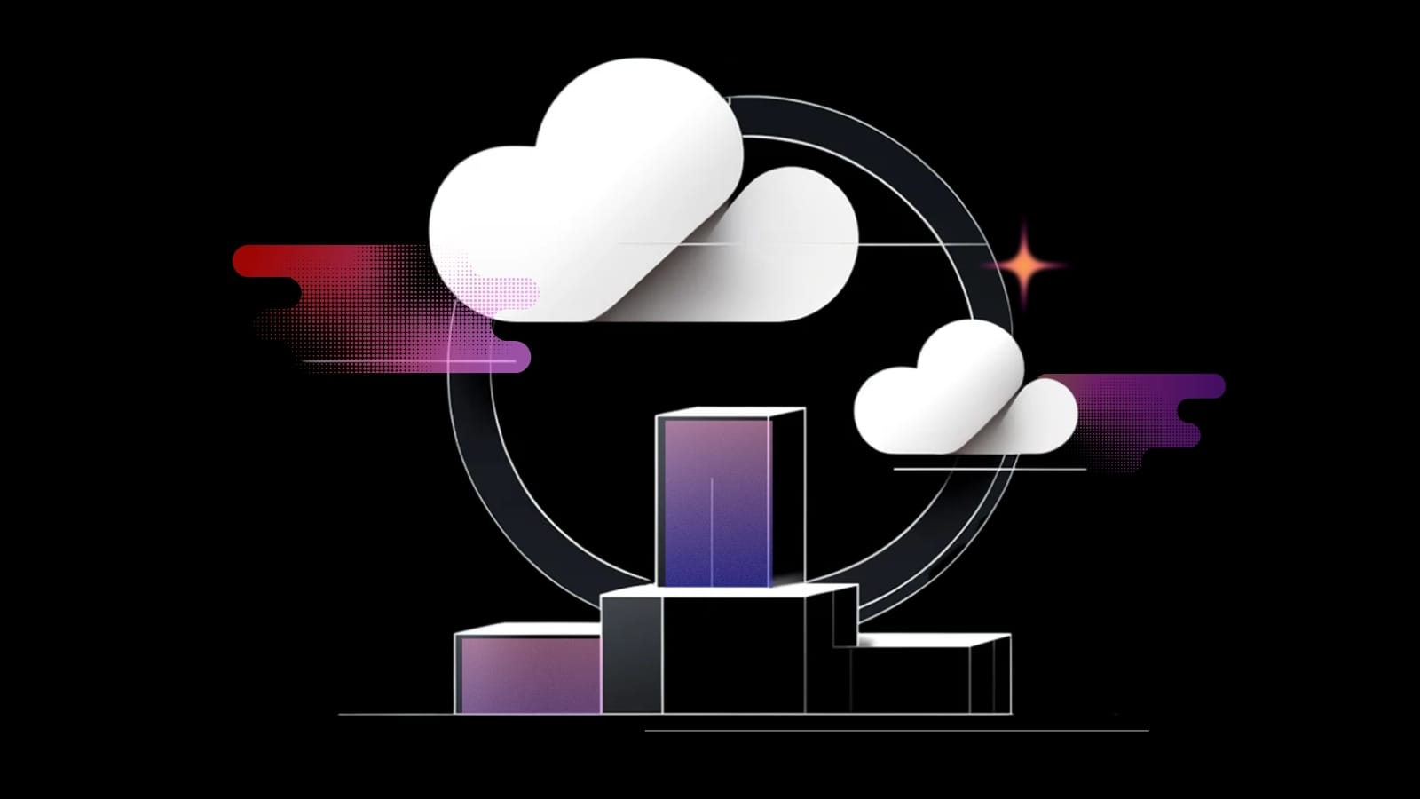 Abstract design with geometric shapes, white clouds, and colorful gradients on a black background, suggesting a futuristic am