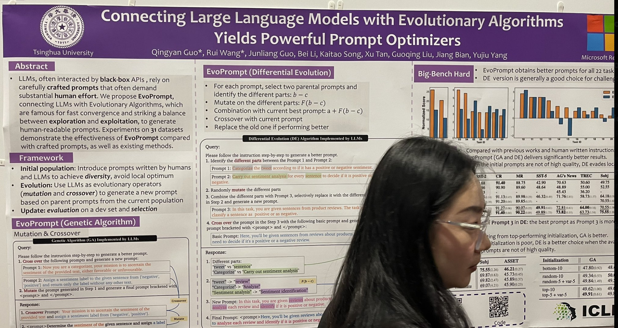 Young woman with glasses, standing before a scientific poster titled “Connecting Large Language Models with Evolutionary Algo