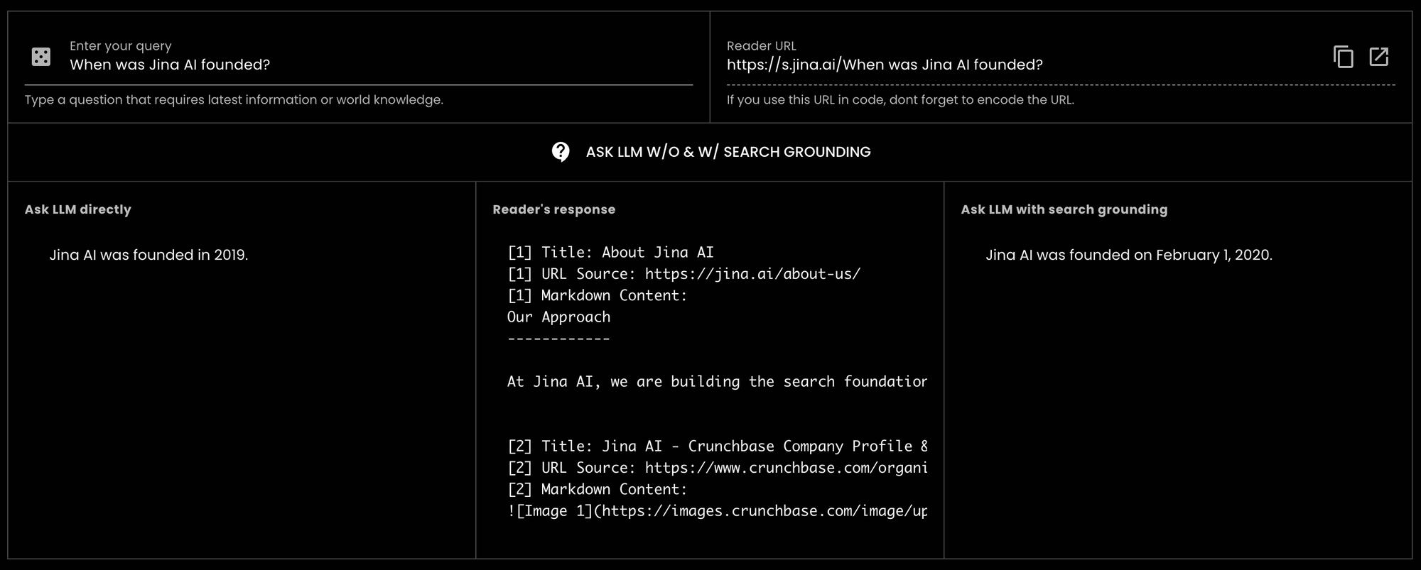Interactive web interface for querying Jina AI's founding details with input fields, navigation options, and informational no