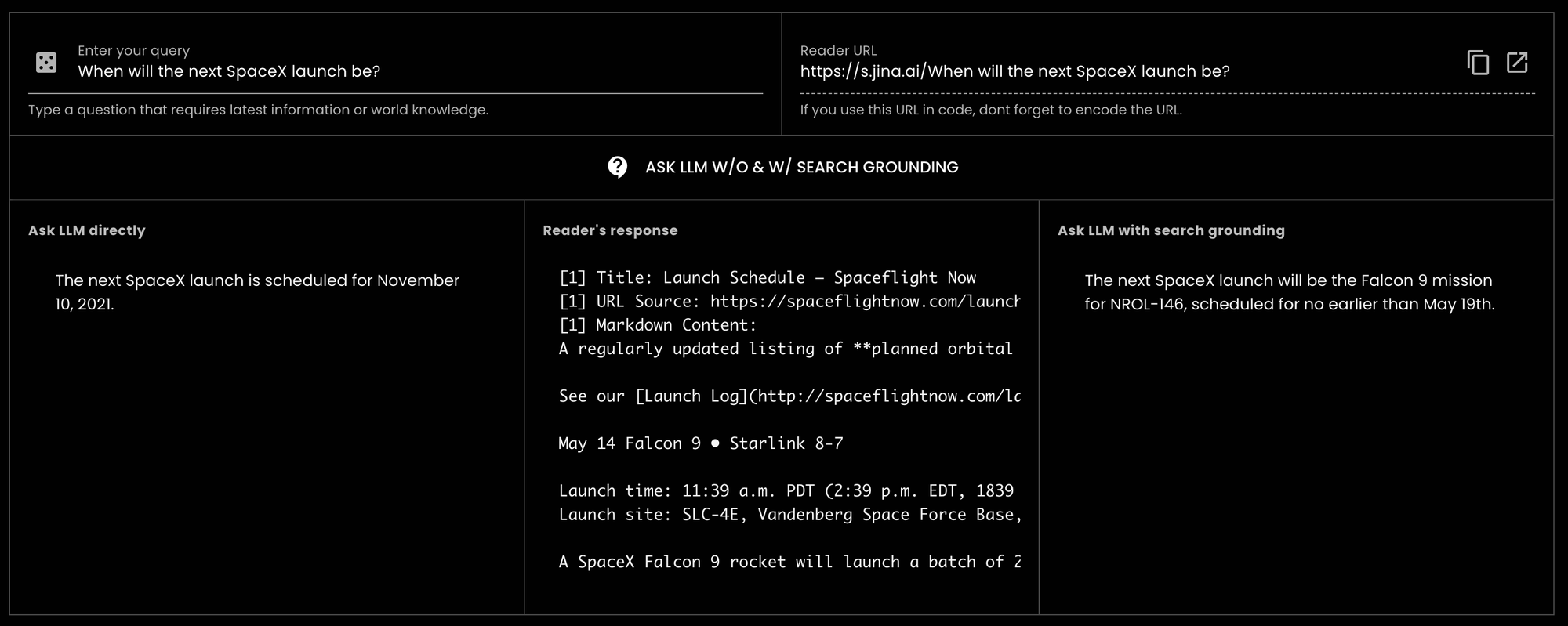 Screen interface for inquiring about SpaceX launches with a query field and details about upcoming missions.