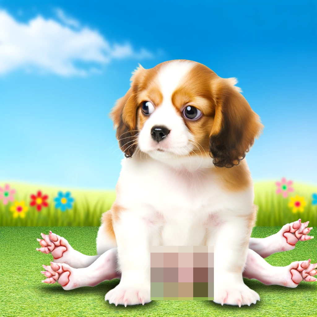 Playful brown and white puppy sitting on a flower-dotted green lawn with a blue sky and fluffy clouds overhead.