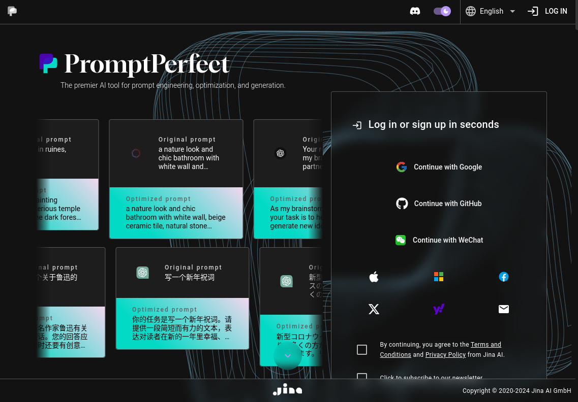 Screenshot of PromptPerfect's dark-themed homepage featuring login/signup options, GitHub and WeChat integration, and terms a