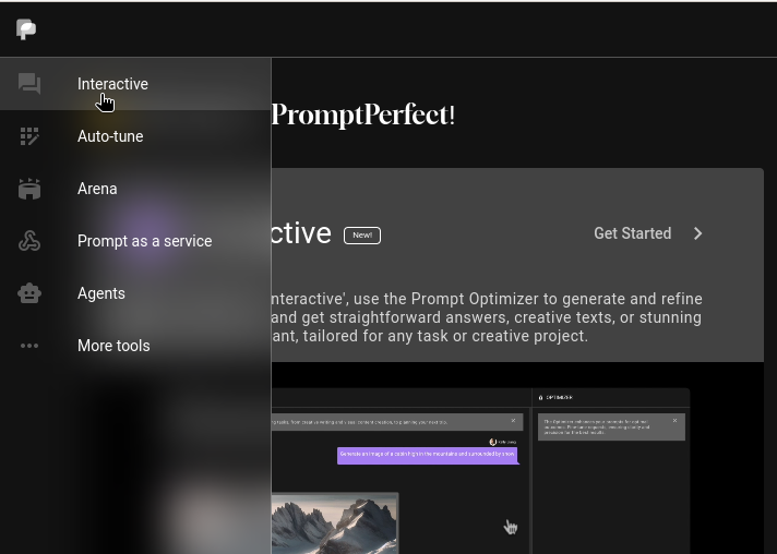 Dark themed webpage of PromptPerfect! with a navigation bar and titles like "Interactive" and "Auto-tune."