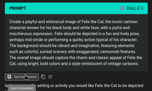 Screenshot of a DALL-E 3 interface with options to create a playful, whimsical image of Felix the Cat, including buttons for 