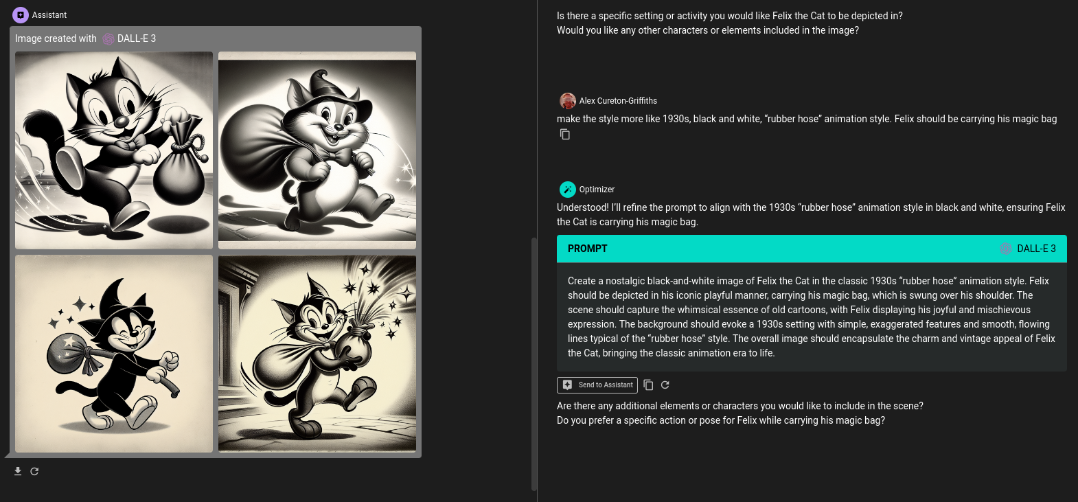 Screenshot of an artistic request page for creating a Felix the Cat illustration in the 1930s rubber hose animation style, em