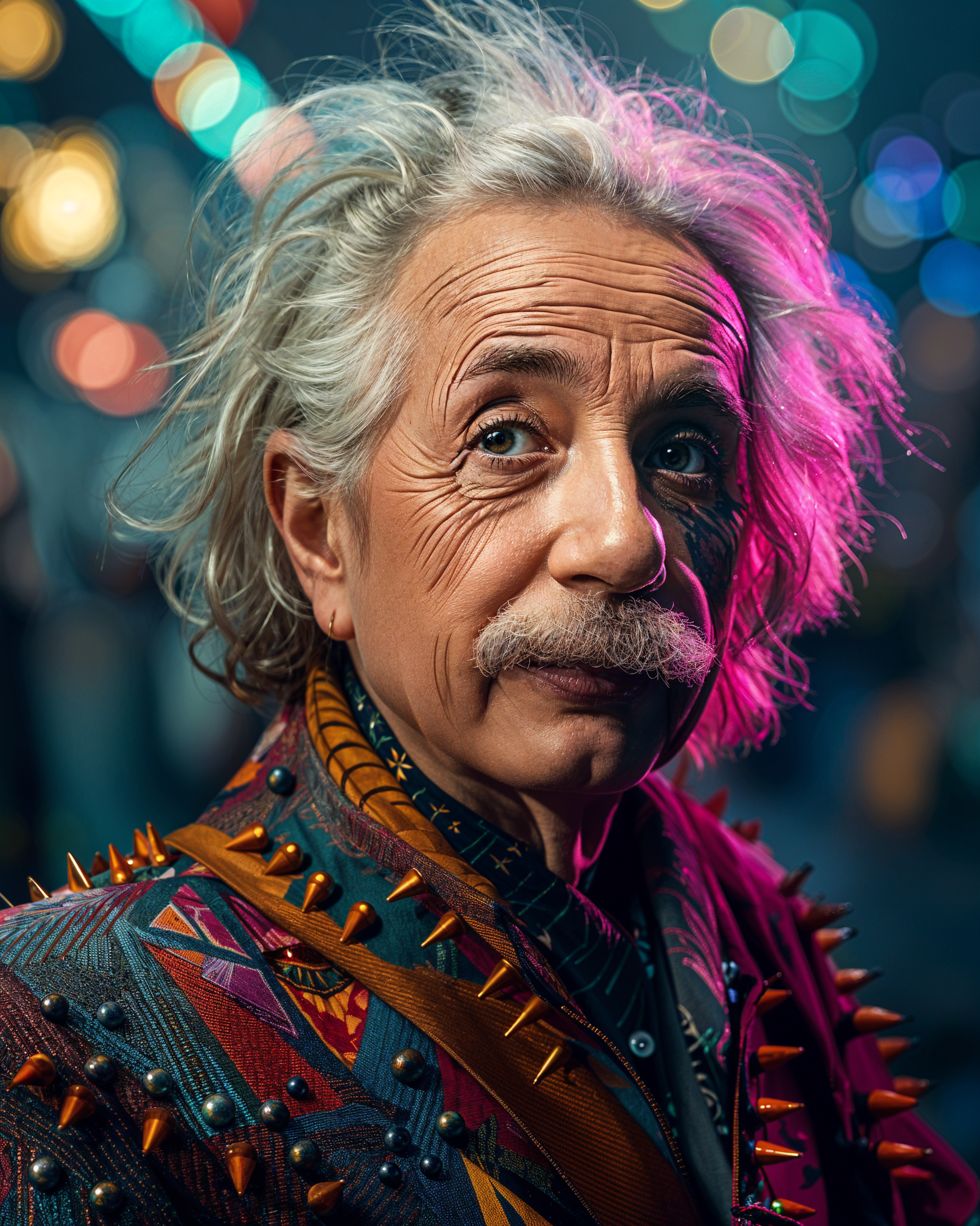 Colorful portrait of Albert Einstein with graying hair, a mustache, pierced nose, and a spiky jacket against a vivid bokeh ba