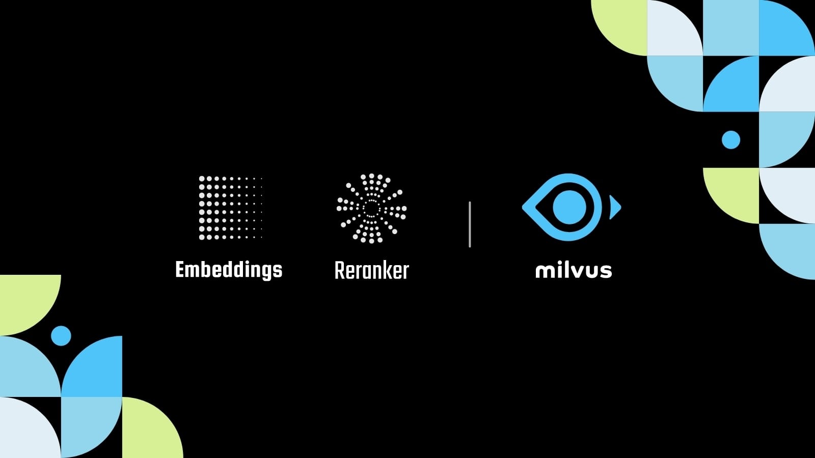 Black background with vivid geometric shapes on the sides and central logos "Embeddings," "Reranker," and "Milvus."