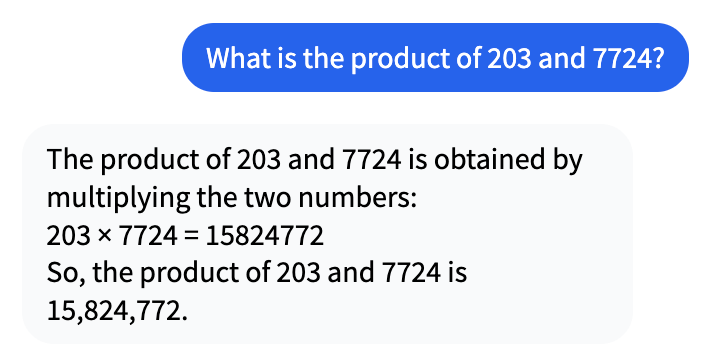 A chat interface with user asking an LLM to perform a mathematical operation