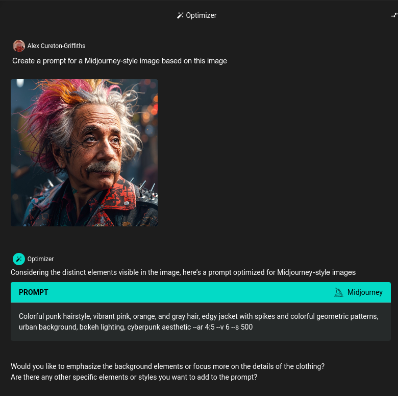 Screenshot of an AI optimizer article with a prompt feature, including a vibrant image of Einstein and styling options.