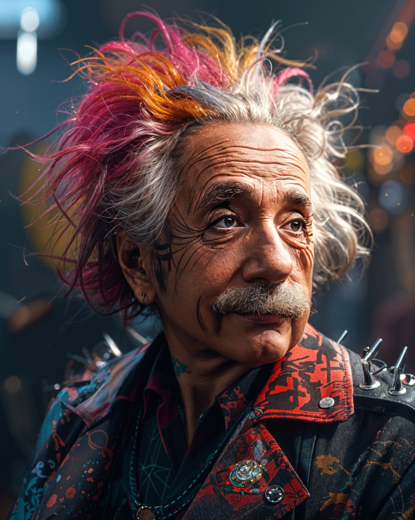 Artistic rendition of Albert Einstein in punk style with colorful hair and stylistic elements set against a blurred, vibrant 
