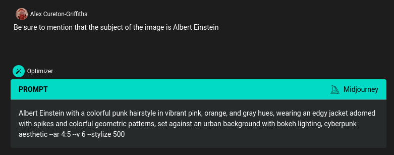 Screenshot of a draft email featuring a creative depiction of Albert Einstein with instructions by Alex Cureton-Griffiths.