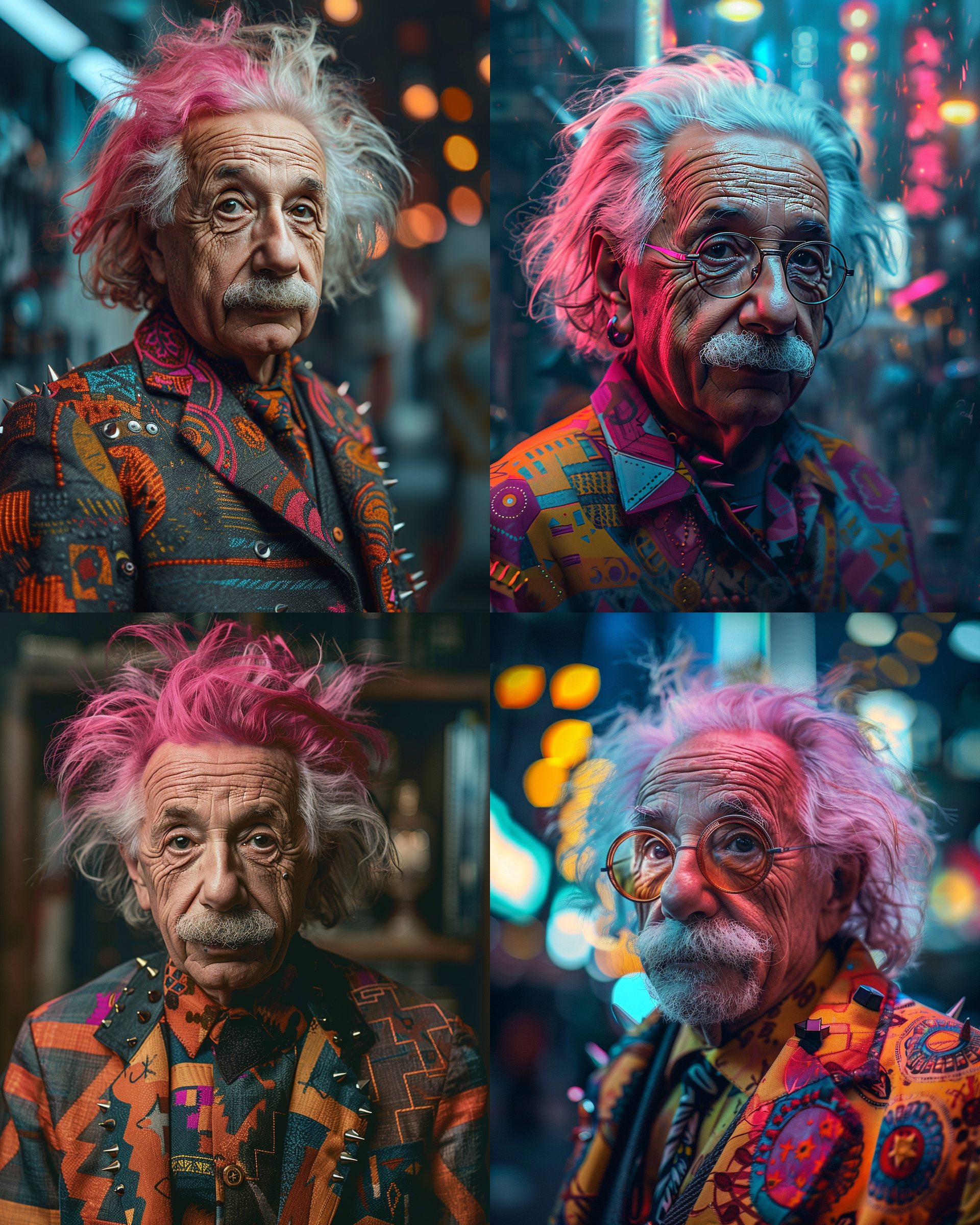 Collage of four lively portraits of Albert Einstein in vivid outfits and varying hair colors, set against expressive urban sc