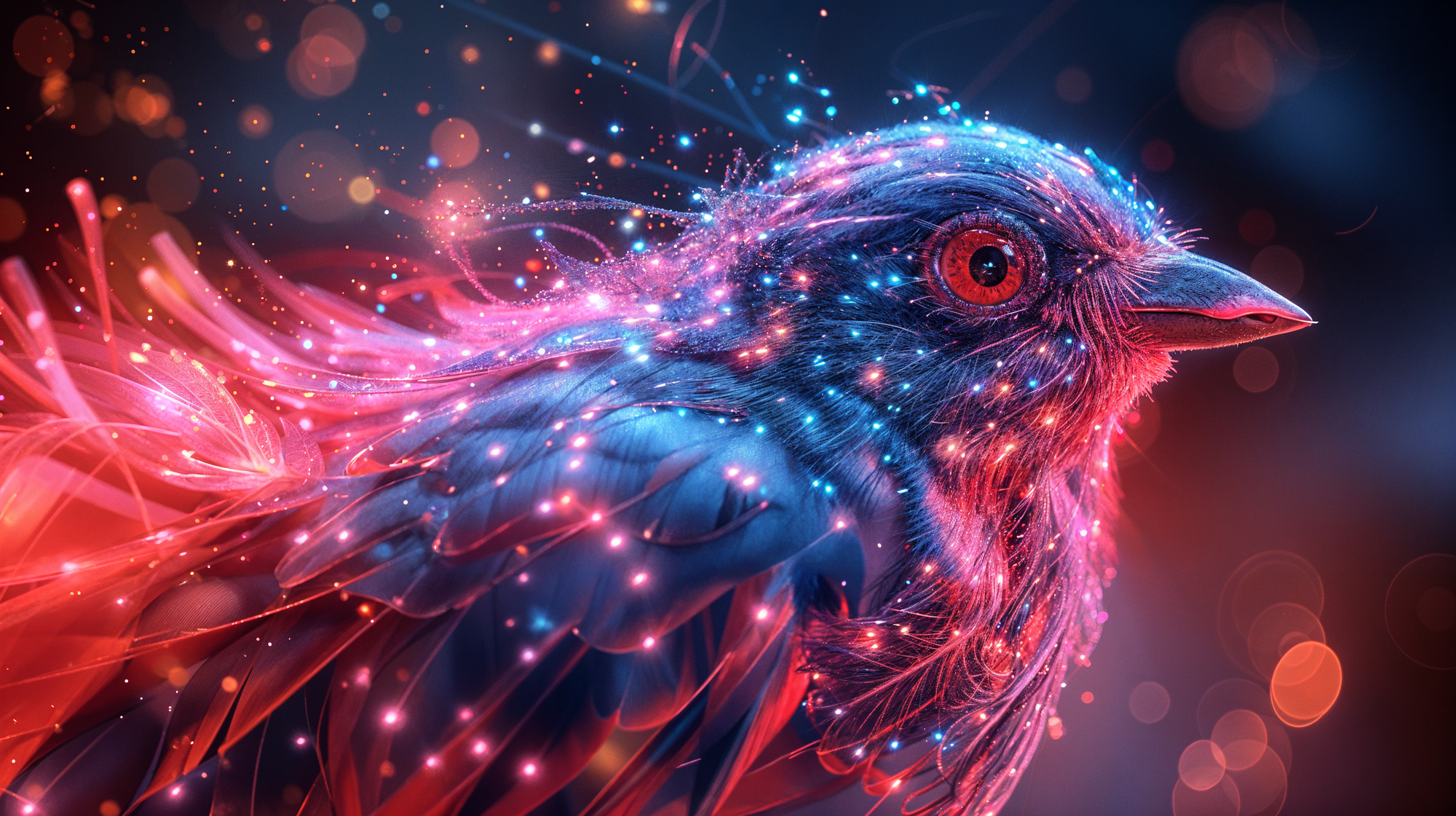 Digital art of a mystical red and blue bird with colorful lights and sparks against a gradient background.