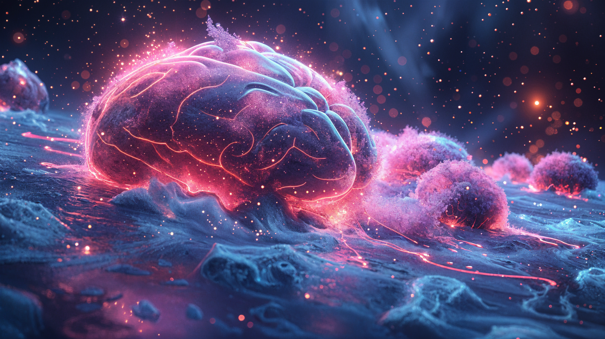 Abstract depiction of a glowing brain in pink hues against a dark, starry backdrop, evoking a mystical aura.