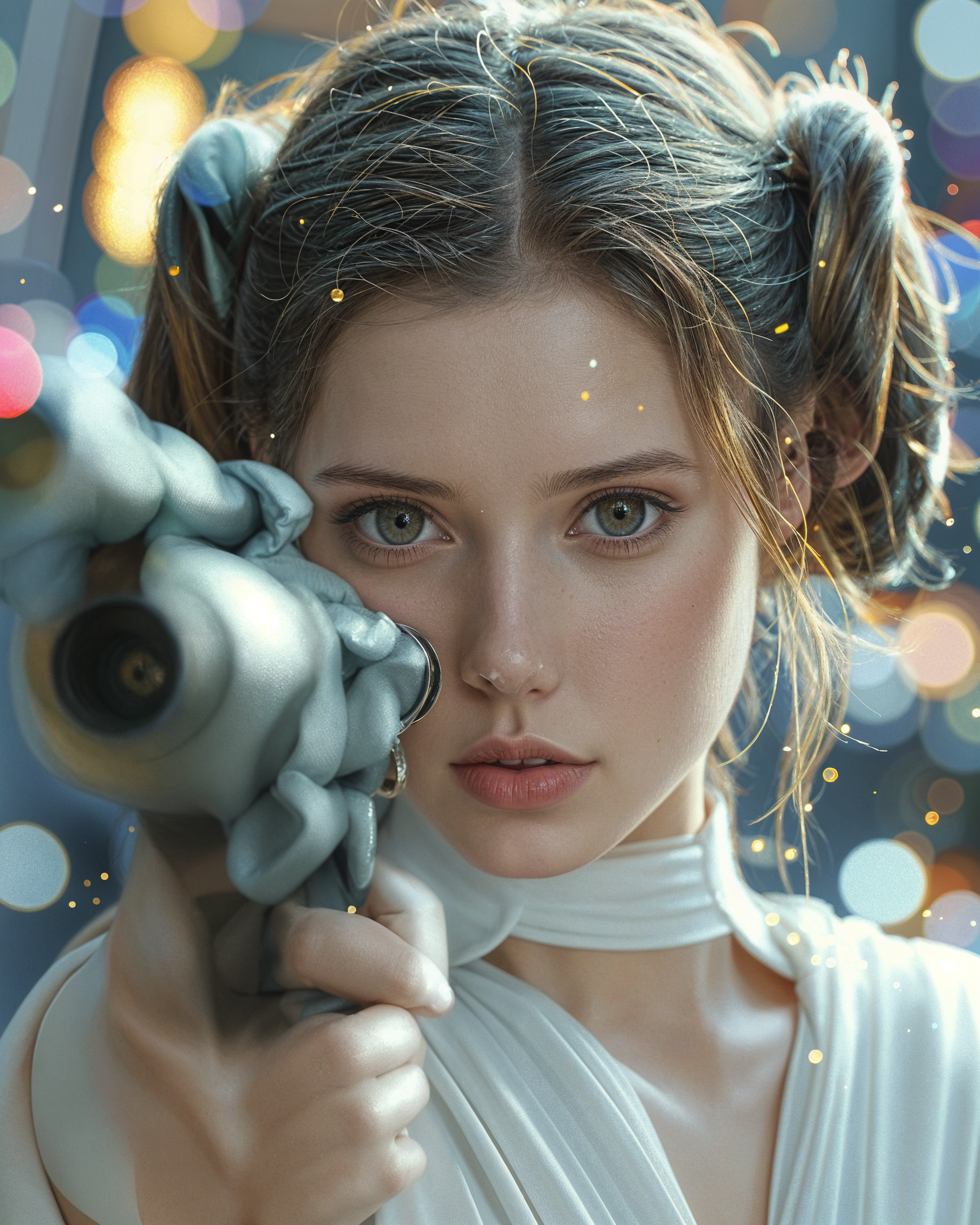 Digital painting of a woman styled like Princess Leia in white, holding a blaster, against a colorful bokeh background.