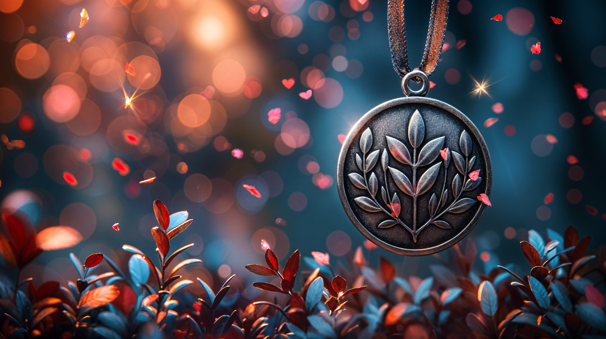 Mysterious medal with silver edges, suspended amidst red particles on a deep blue bokeh background with heart and star-shaped