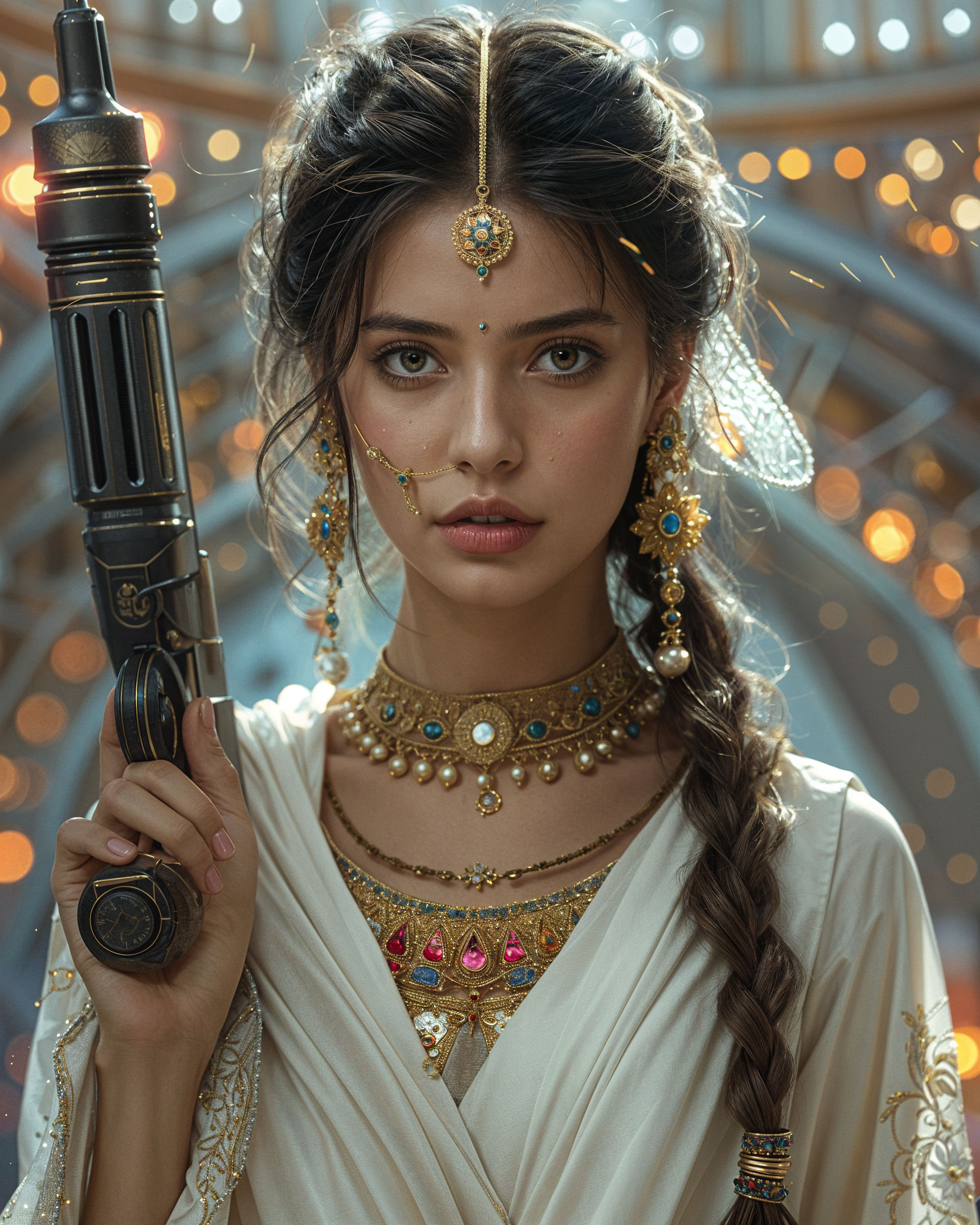 Woman in Indian attire with braided hair and jewelry holding a gun, against a luminous background.