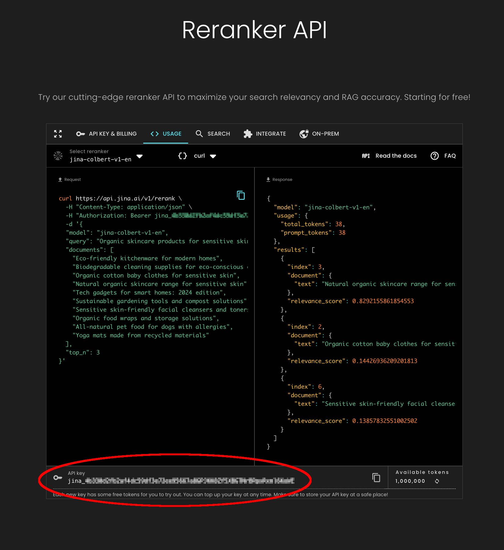 Screenshot of Reranker API's interface with explanatory text and red-highlighted code segment for search optimization.