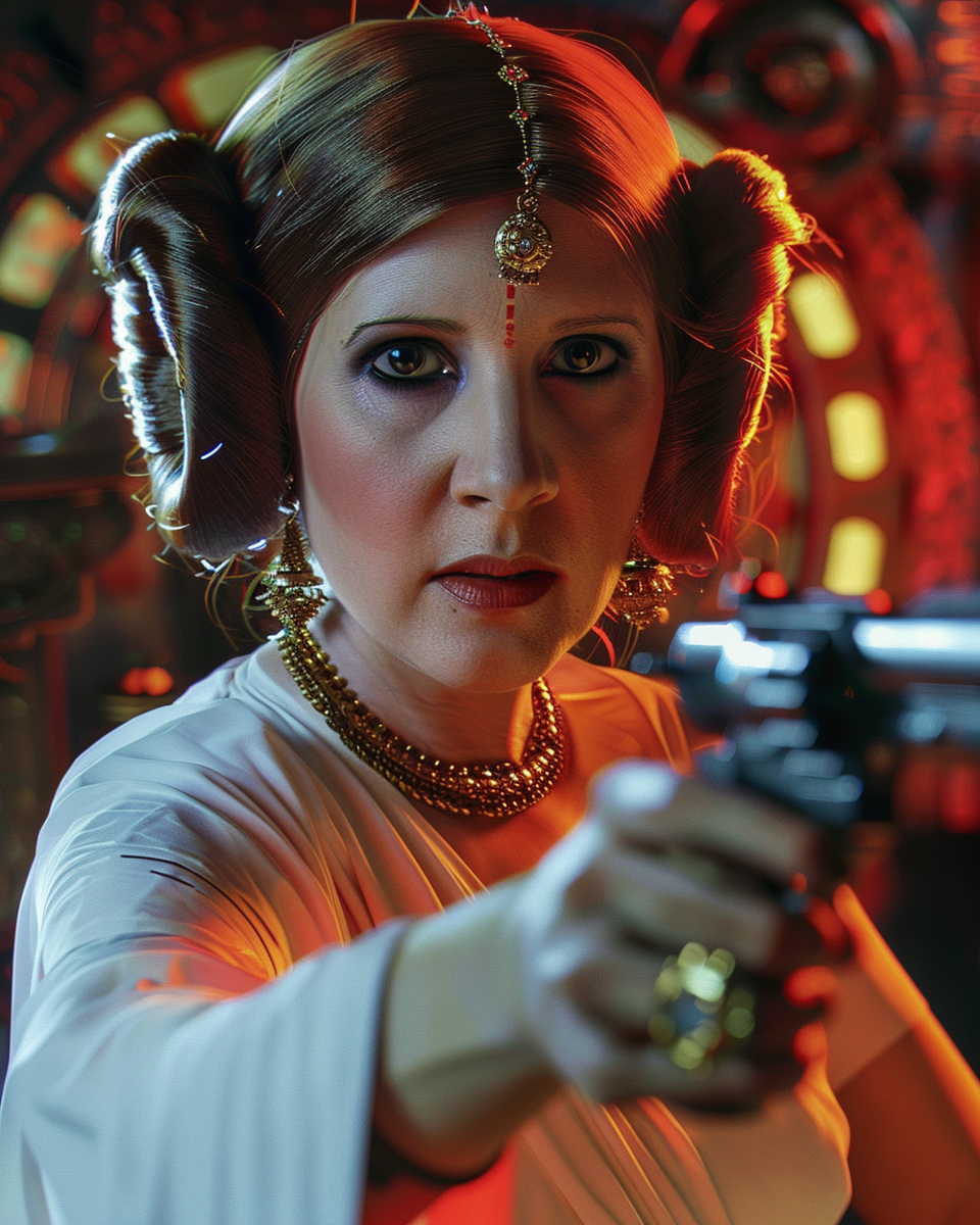 Woman cosplaying as Princess Leia with a blaster, styled hair in buns, in a red-tinted room with hanging lanterns.