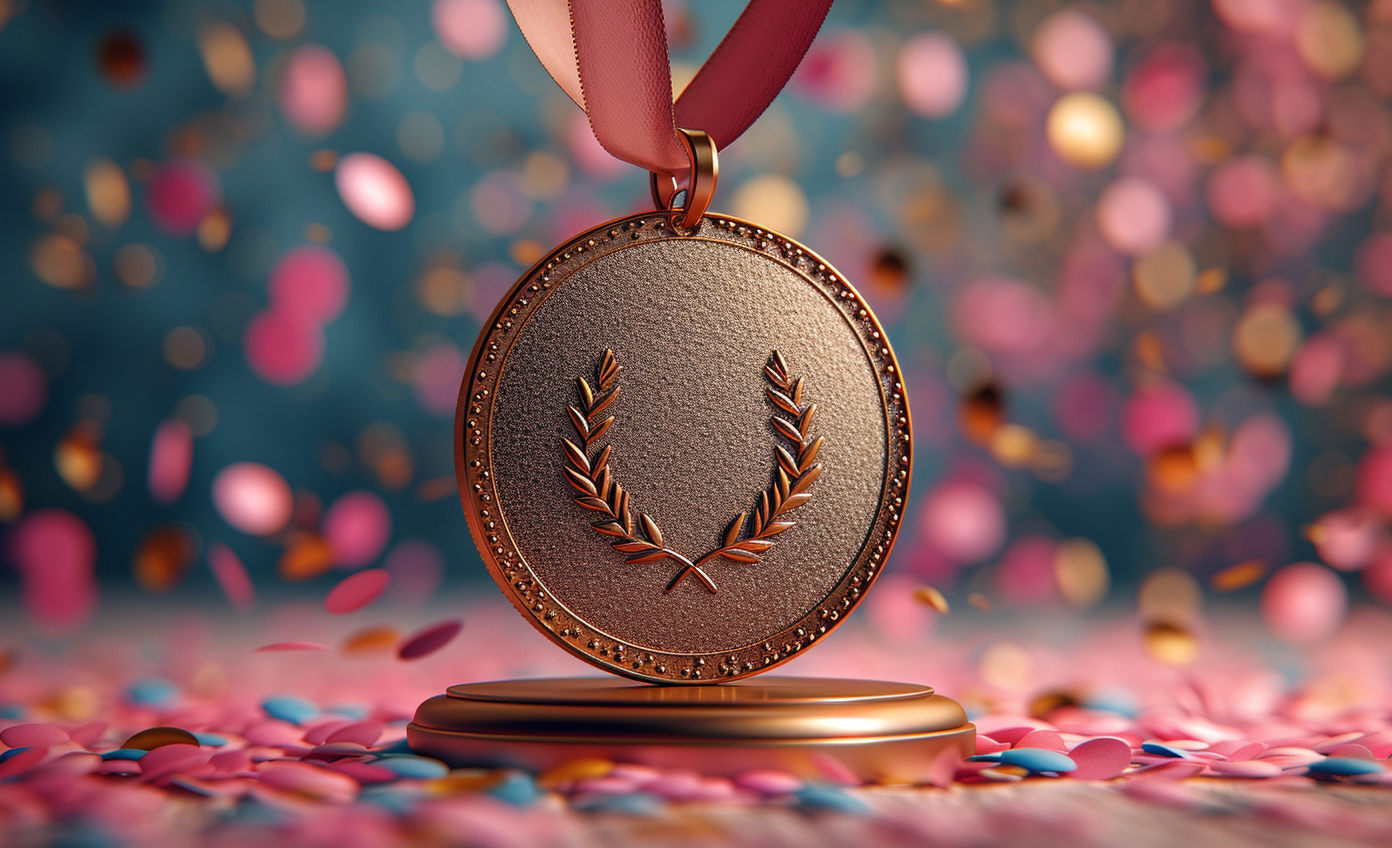 Celebratory image featuring a bronze medal with a red ribbon and laurel wreath pattern against a rich blue background.